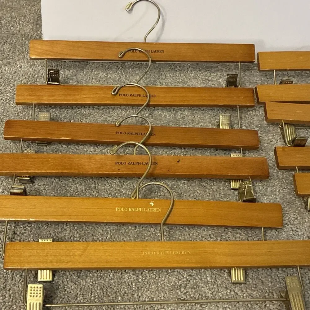 Lot 12 VTG Wooden Polo Ralph Lauren Clip Hangers For Pants Shorts Skirts 14”